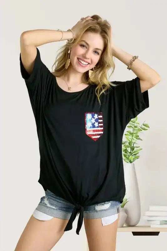 ADORA Sequin US Flag Pocketed Top - Trendsi - Flyclothing LLC
