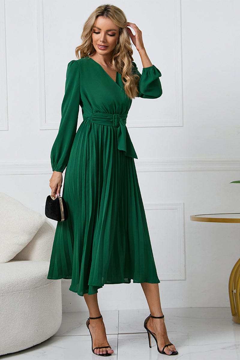 V-Neck Long Sleeve Tie Waist Midi Dress - Trendsi - Flyclothing LLC
