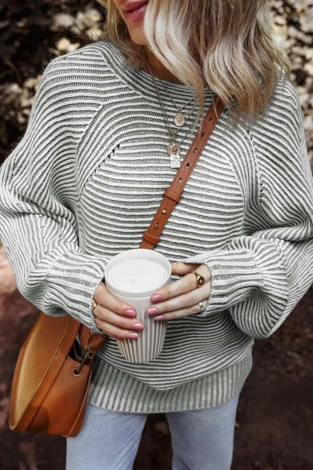 Textured Striped Round Neck Long Sleeve Top - Trendsi - Flyclothing LLC