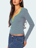 Buttoned Striped Long Sleeve T-Shirt - Trendsi - Flyclothing LLC