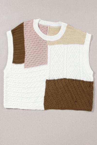 Cable-Knit Color Block Round Neck Sweater Vest - Trendsi - Flyclothing LLC