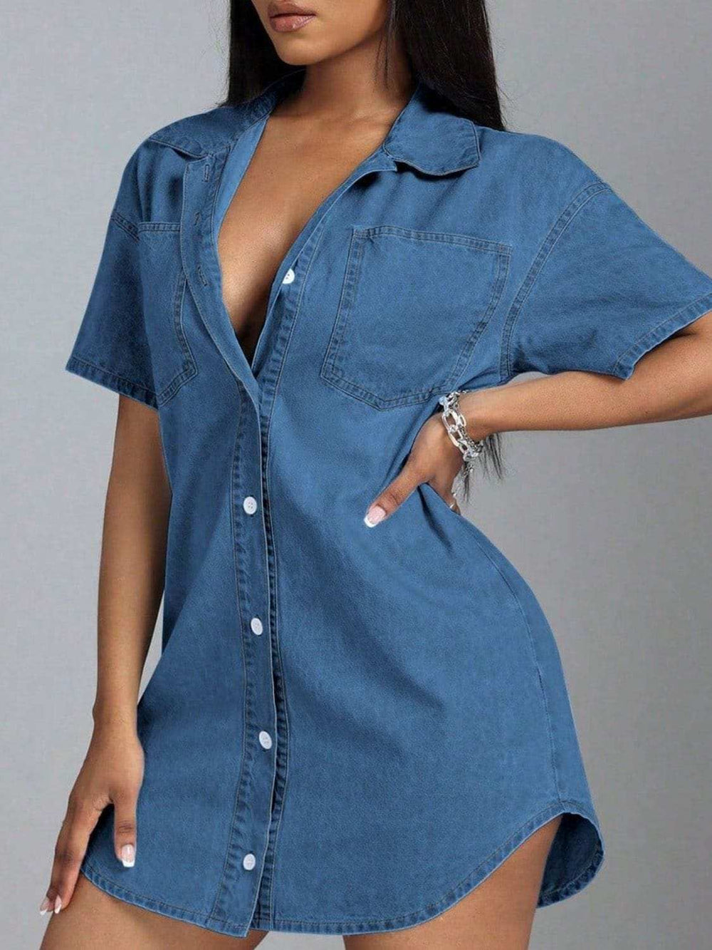 Button Down Collared Neck Denim Dress - Trendsi - Flyclothing LLC