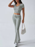 Devine Short Sleeve Top and Drawstring Pants Set - Trendsi - Flyclothing LLC