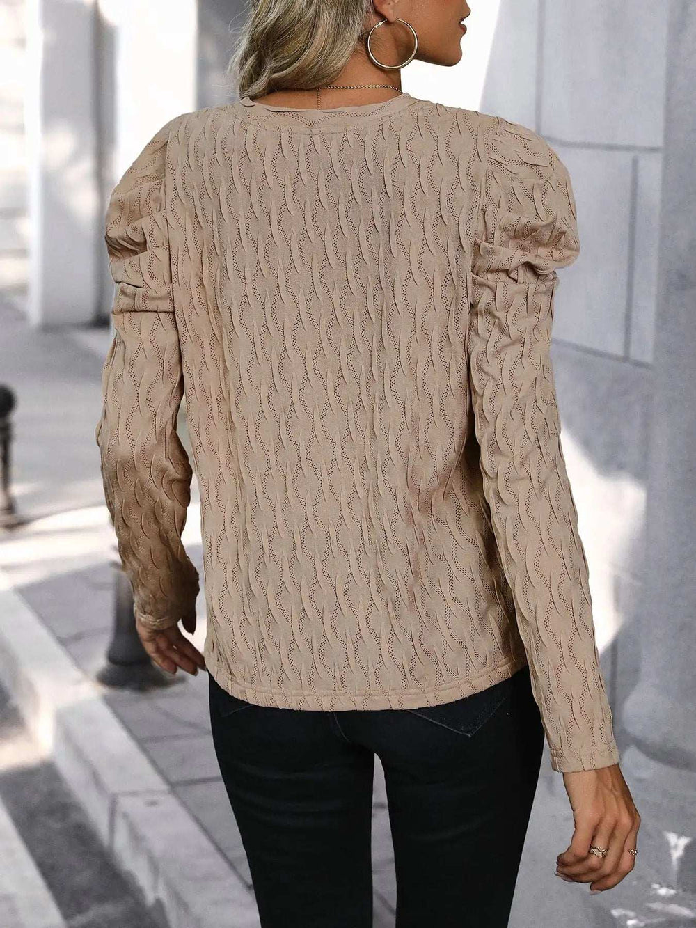 Textured V-Neck Long Sleeve Top - Trendsi - Flyclothing LLC