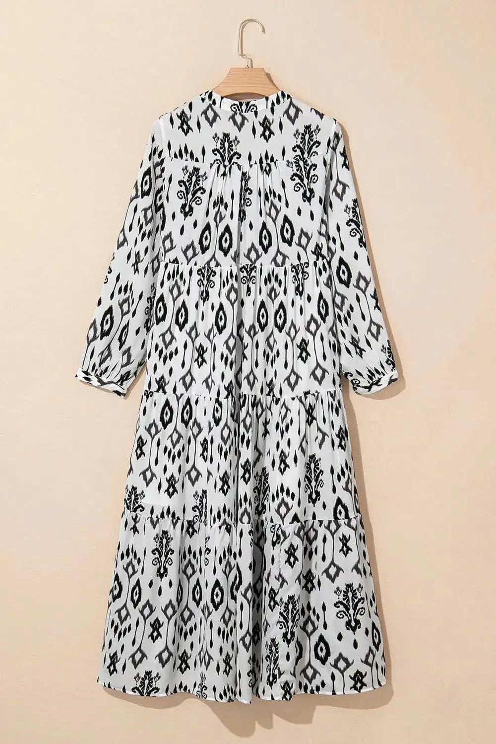 Tiered Printed Notched Long Sleeve Midi Dress - Trendsi - Flyclothing LLC