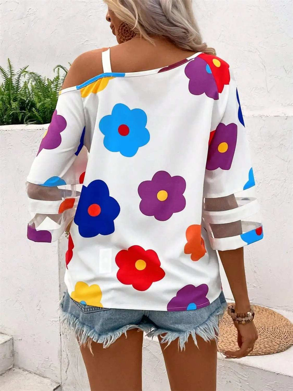 Flower Asymmetrical Neck Blouse - Trendsi - Flyclothing LLC