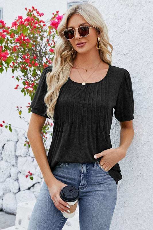 Ruched Scoop Neck Short Sleeve Blouse - Trendsi - Flyclothing LLC