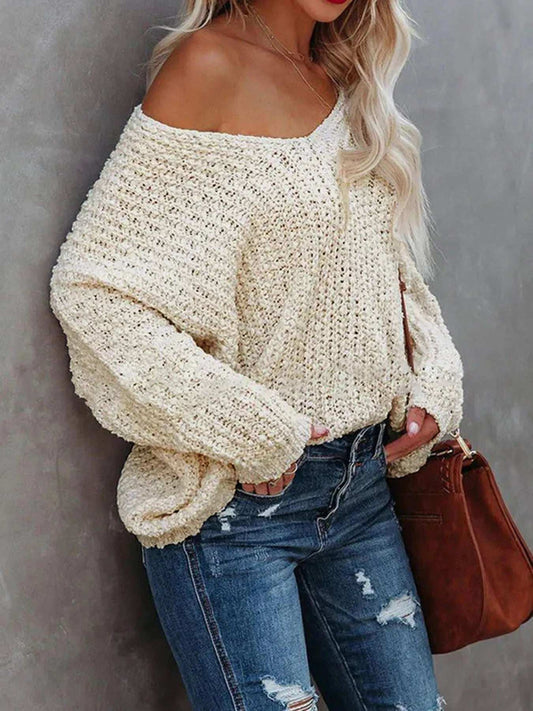 V-Neck Long Sleeve Sweater - Trendsi - Flyclothing LLC