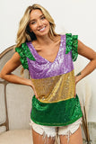 BiBi Mardi Gras Sequin Color Block Ruffled Top - Trendsi - Flyclothing LLC
