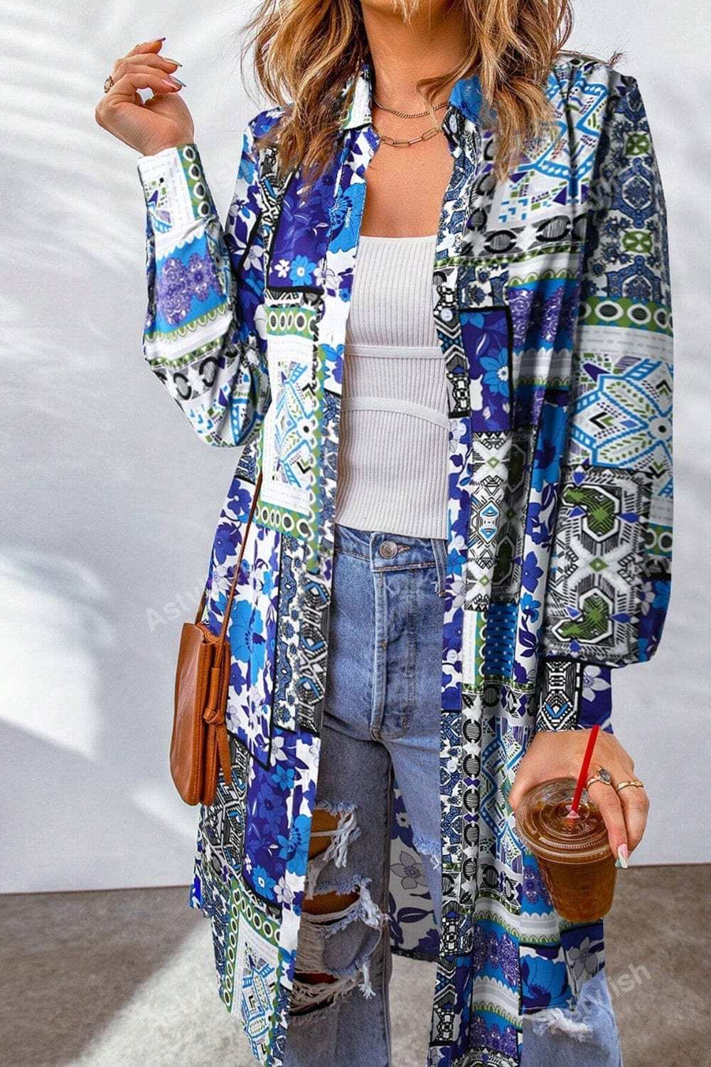 Printed Button Up Long Sleeve Cardigan - Trendsi - Flyclothing LLC