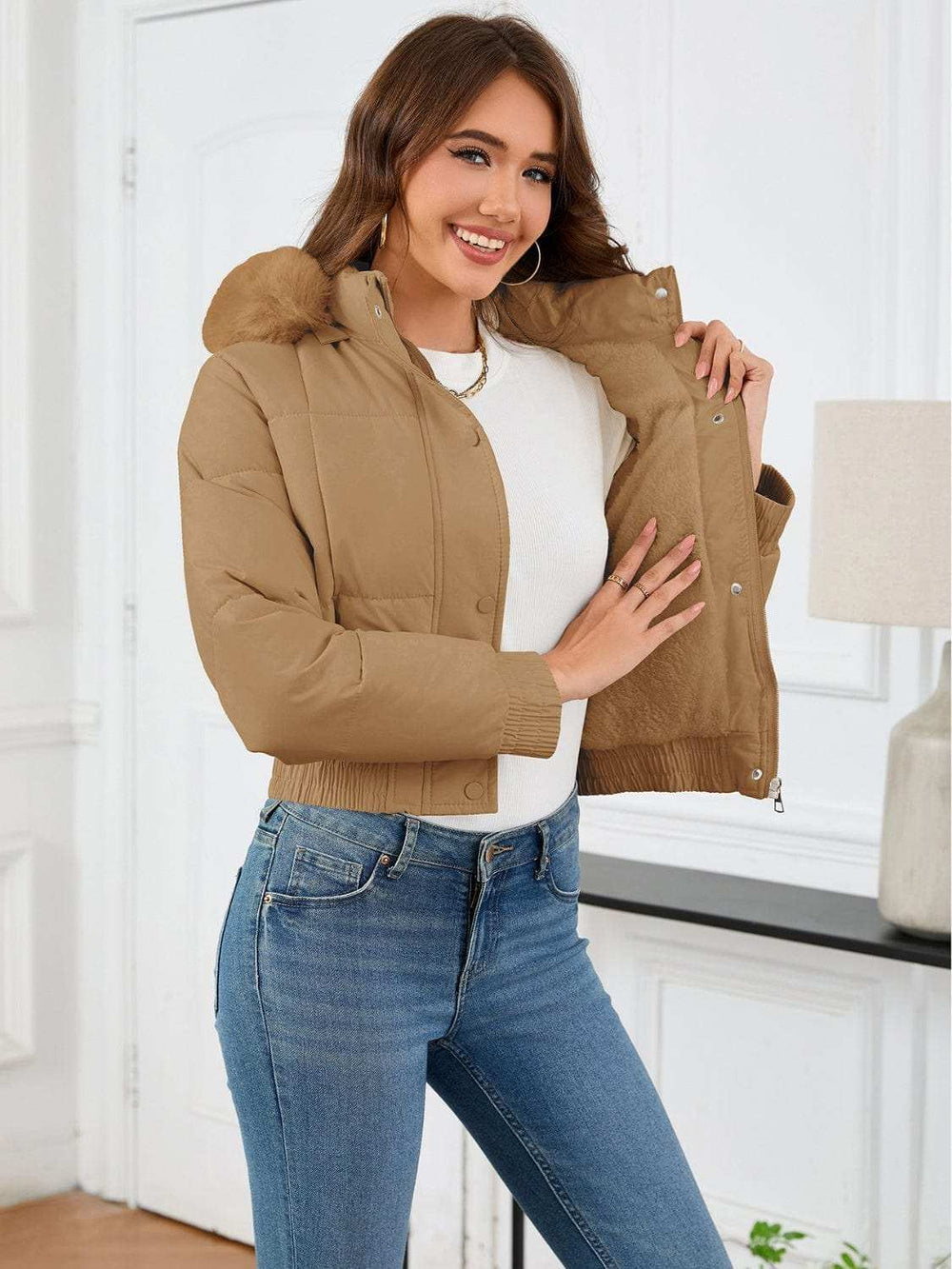 Pocketed Long Sleeve Cropped Hooded Winter Coat - Trendsi - Flyclothing LLC