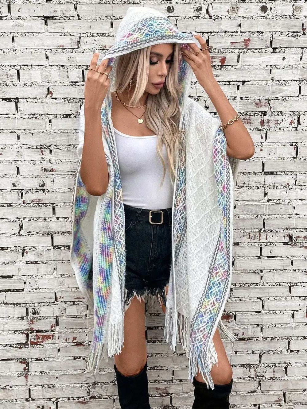 Fringe Half Sleeve Hooded Poncho - Trendsi - Flyclothing LLC