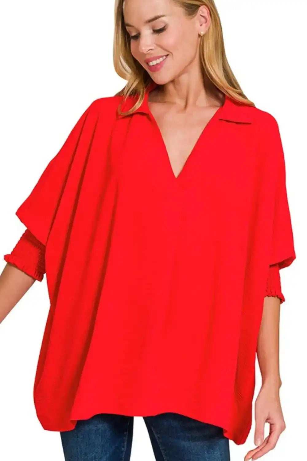 Zenana Airflow Collar Tee with Smocked Sleeve Band Top - Trendsi - Flyclothing LLC