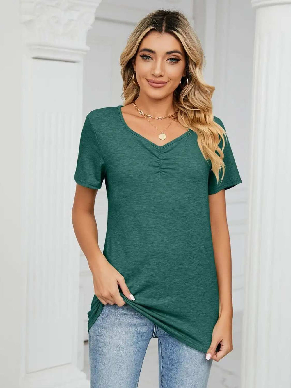 Ruched V-Neck Short Sleeve T-Shirt - Trendsi - Flyclothing LLC