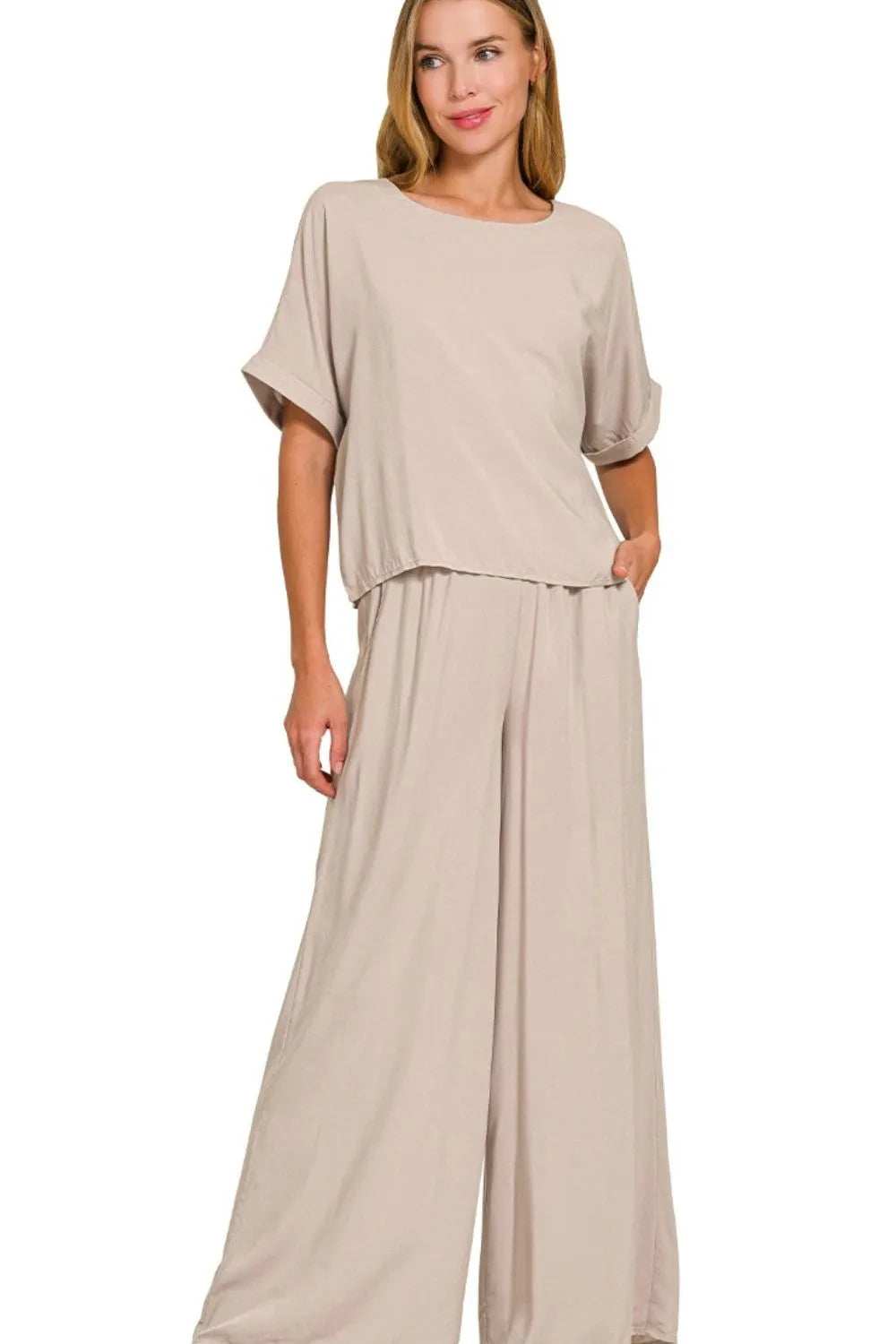 Zenana Round Neck T-Shirt and Wide Leg Pants Set - Trendsi - Flyclothing LLC