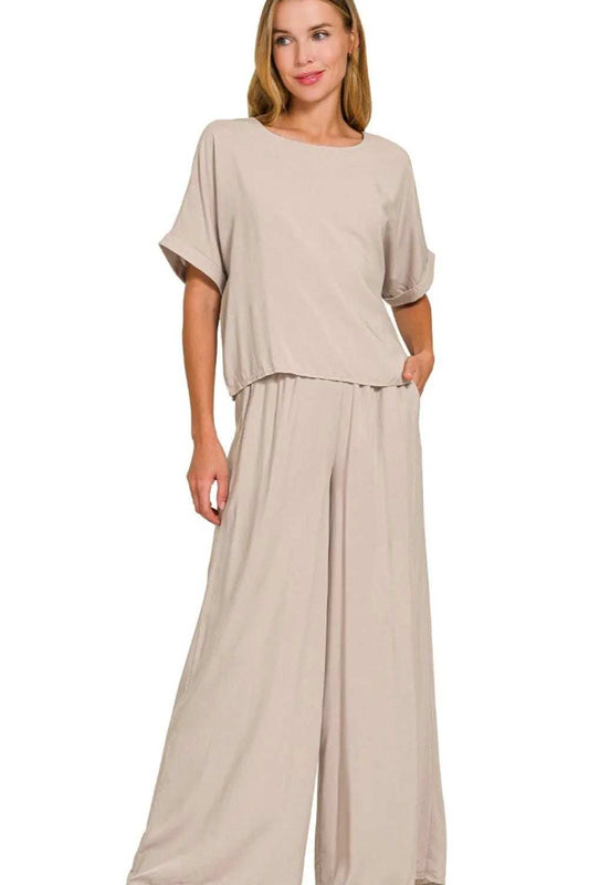 Zenana Round Neck T-Shirt and Wide Leg Pants Set - Trendsi - Flyclothing LLC