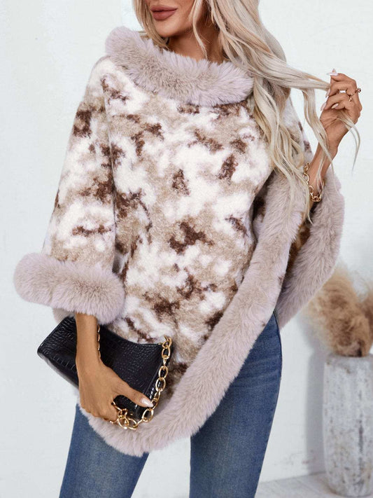 Furry Contrast Three-Quarter Poncho - Trendsi - Flyclothing LLC