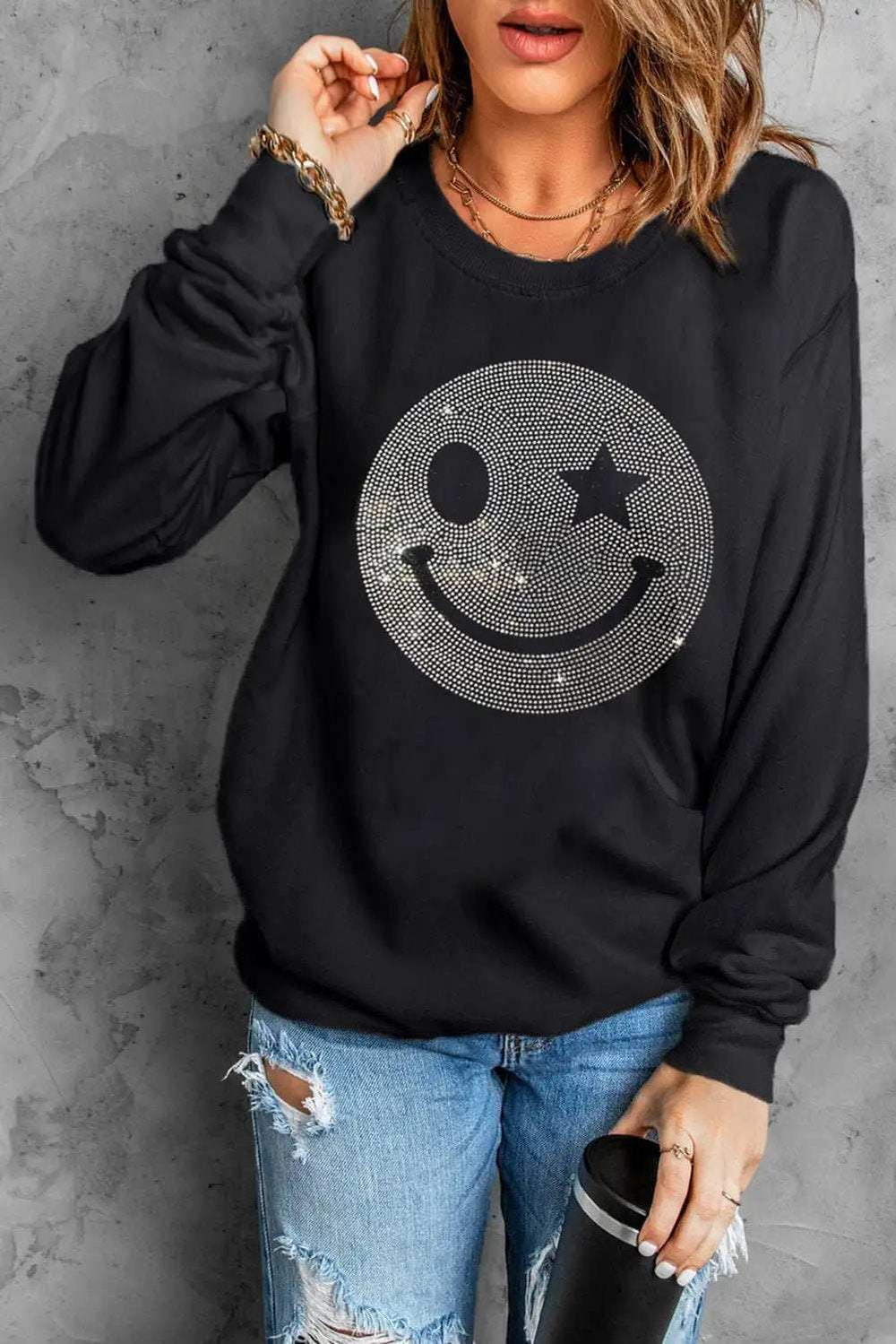 Rhinestone Smile Long Sleeve Sweatshirt - Trendsi - Flyclothing LLC