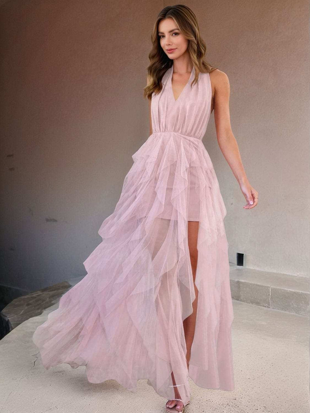 Halter Neck Irregular Mesh Dress - Trendsi - Flyclothing LLC