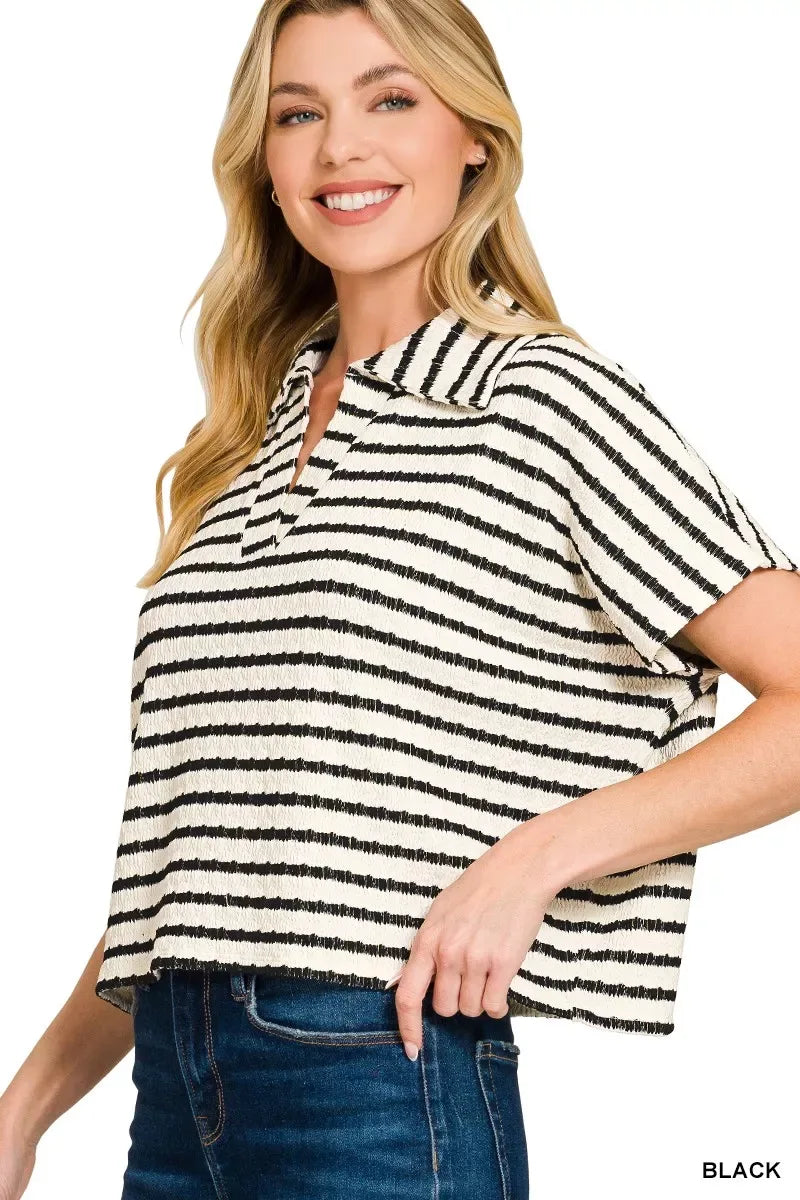 Zenana Striped Split Neck Collared Top - Trendsi - Flyclothing LLC