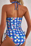 Floral Gingham Halter Neck Drawstring One Piece Swimwear - Trendsi - Flyclothing LLC