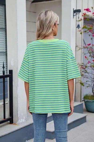Contrast Striped Round Neck Half Sleeve T-Shirt - Trendsi - Flyclothing LLC