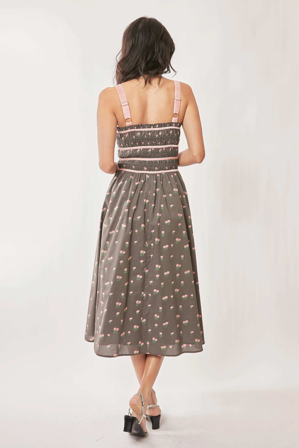 Davi & Dani Contrast Velvet Tape Smocking Bodice Midi Dress - Trendsi - Flyclothing LLC