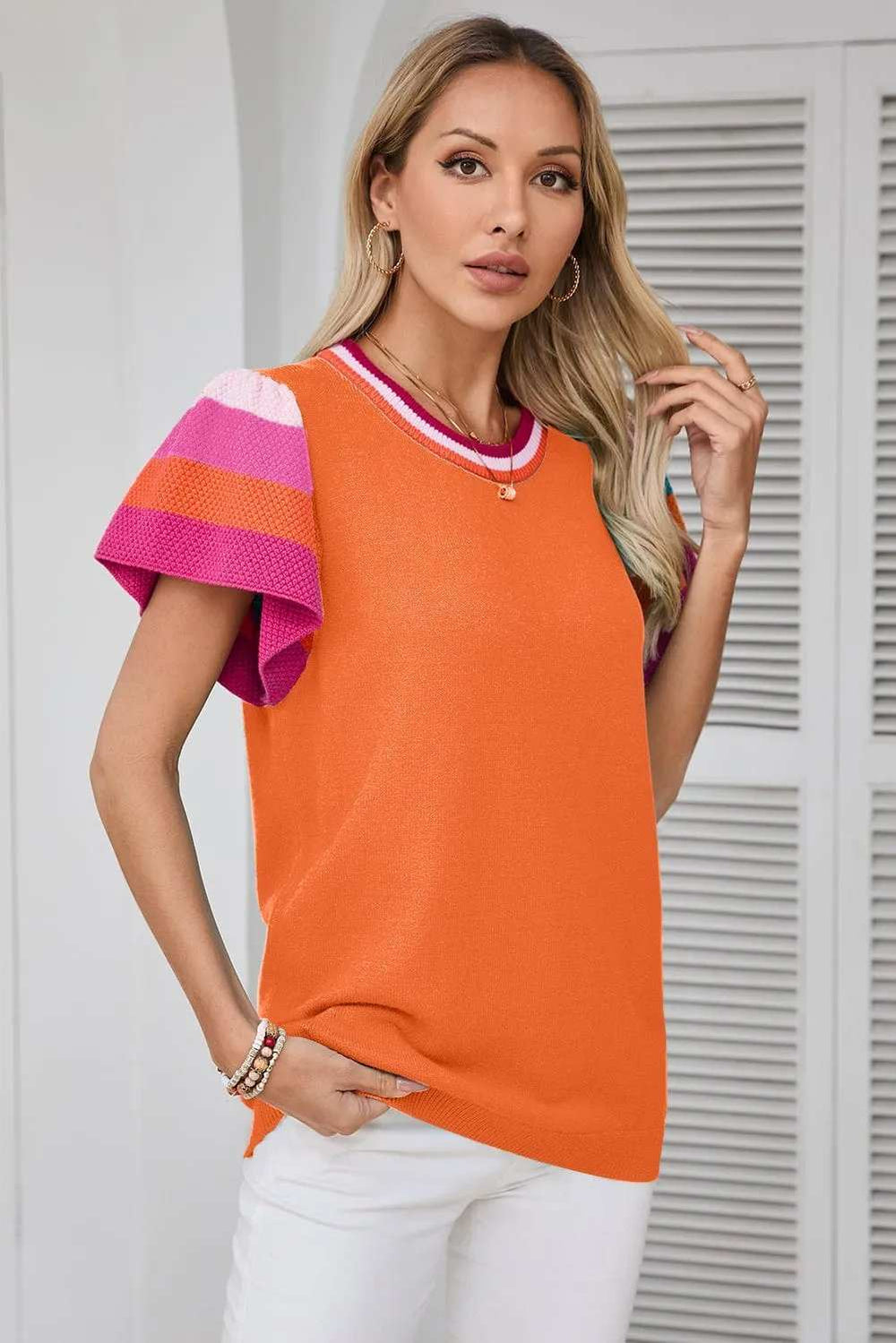 Color Block Round Neck Knit Top - Trendsi - Flyclothing LLC