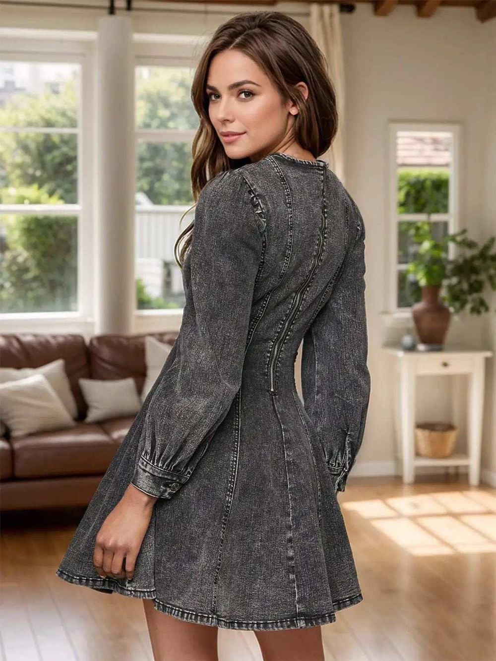 Back Zip Round Neck Long Sleeve Dress - Trendsi - Flyclothing LLC