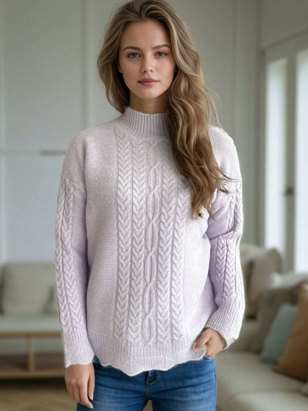 Cable-Knit Mock Neck Dropped Shoulder Sweater - Trendsi - Flyclothing LLC