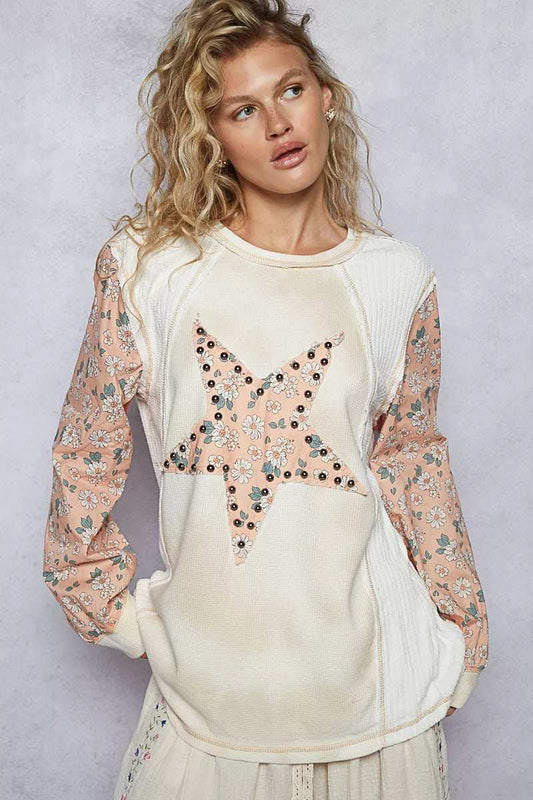 POL Exposed Seam Star Patch Thermal Top with Floral Sleeves - Trendsi - Flyclothing LLC