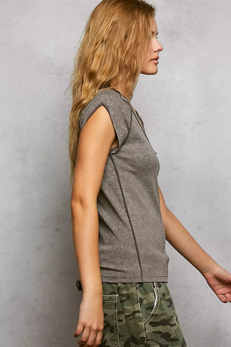 POL V-Neck Short Sleeve Washed T-Shirt with Outseam - Trendsi - Flyclothing LLC