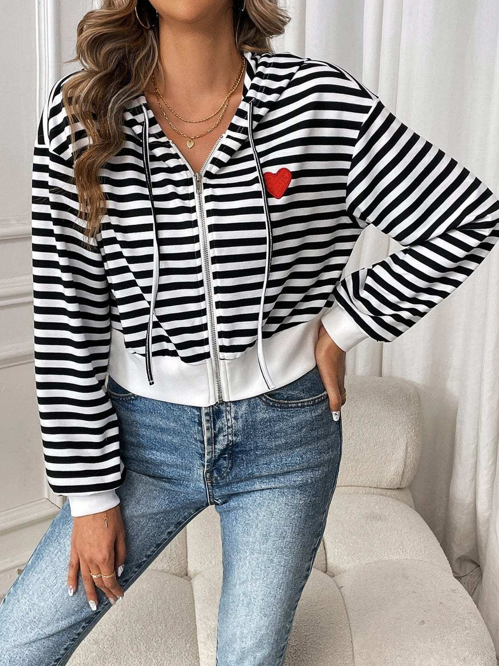Striped Zip Up Long Sleeve Jacket - Trendsi - Flyclothing LLC