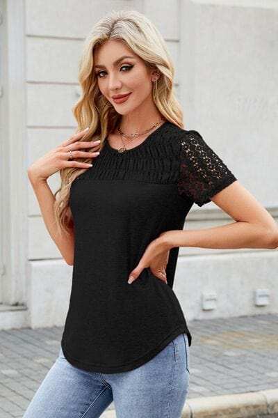 Smocked Round Neck Short Sleeve T-Shirt - Trendsi - Flyclothing LLC