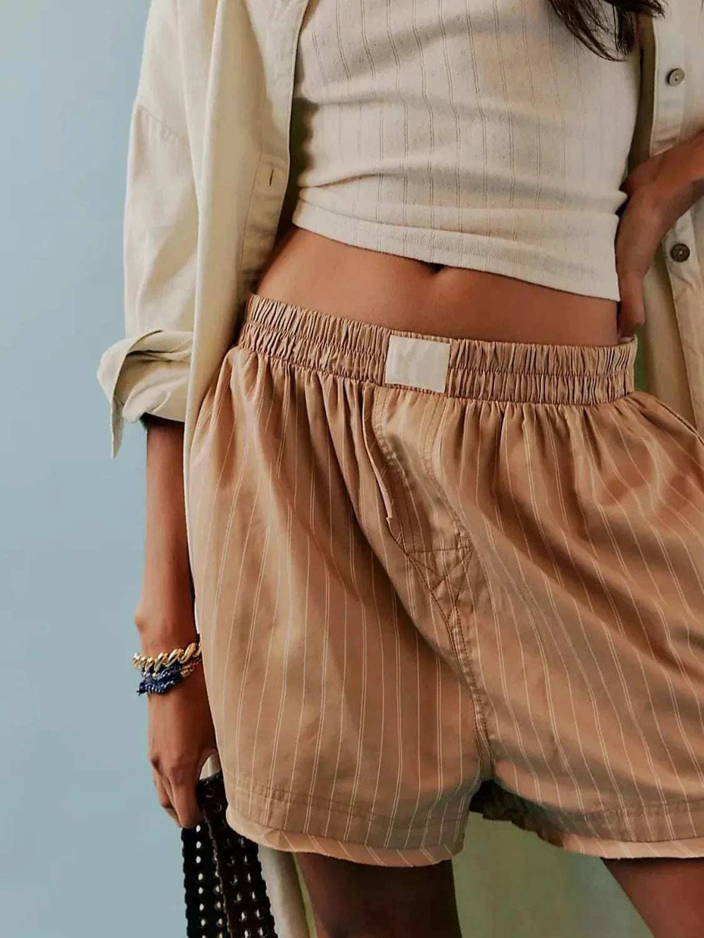 Striped Elastic Waist Shorts - Trendsi - Flyclothing LLC