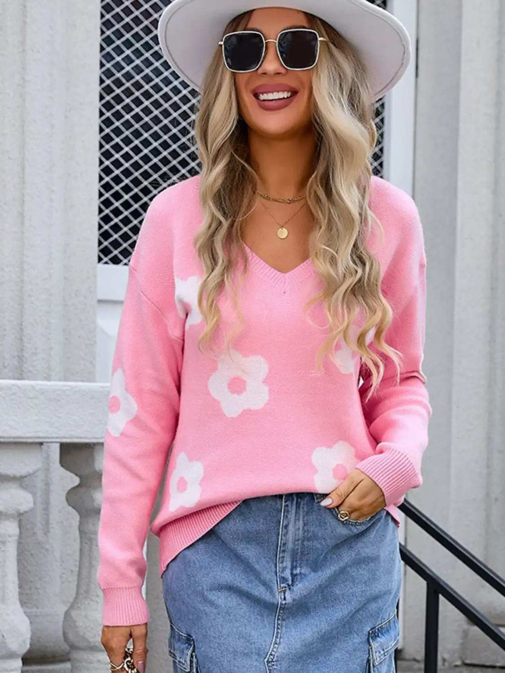 Flower V-Neck Long Sleeve Sweater - Trendsi - Flyclothing LLC
