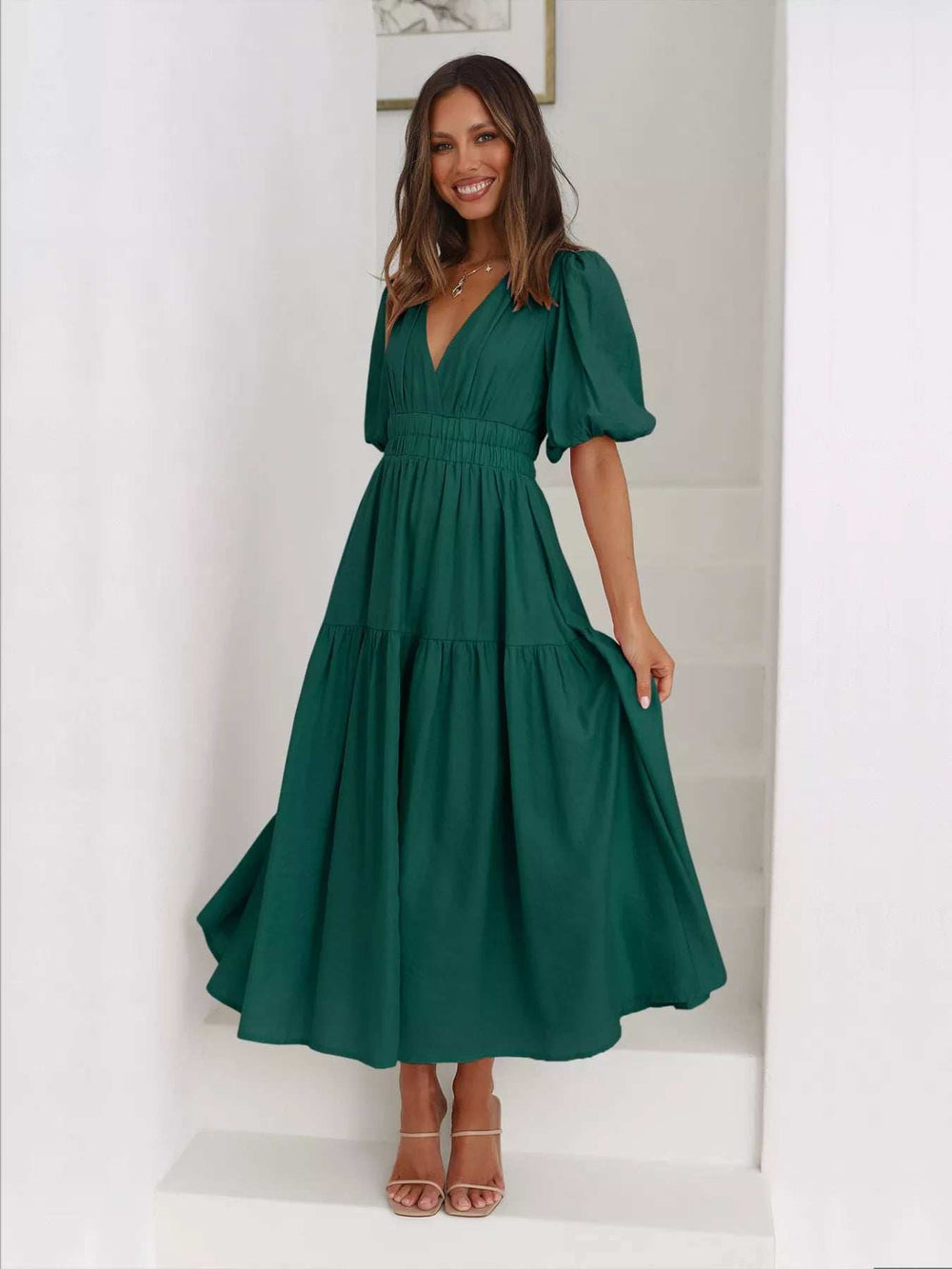 Tiered Puff Sleeve Midi Dress - Trendsi - Flyclothing LLC