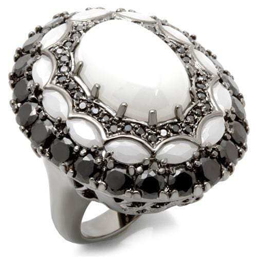 0W213 - Ruthenium Brass Ring with Milky CZ in White - Alamode - Flyclothing LLC