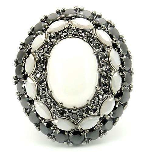 0W213 - Ruthenium Brass Ring with Milky CZ in White - Alamode - Flyclothing LLC