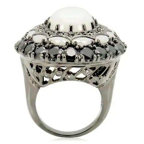 0W213 - Ruthenium Brass Ring with Milky CZ in White - Alamode - Flyclothing LLC