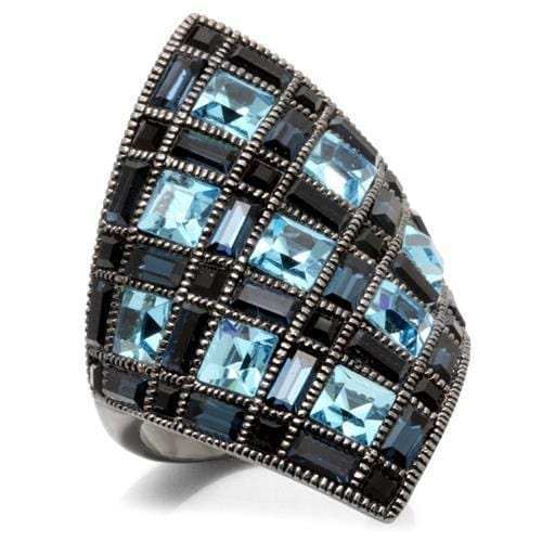 0W235 - Ruthenium Brass Ring with Top Grade Crystal in Sea Blue - Alamode - Flyclothing LLC