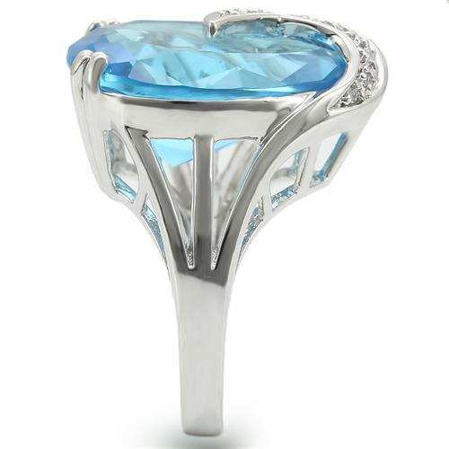 0W343 - Rhodium Brass Ring with Synthetic Synthetic Glass in Sea Blue - Alamode - Flyclothing LLC