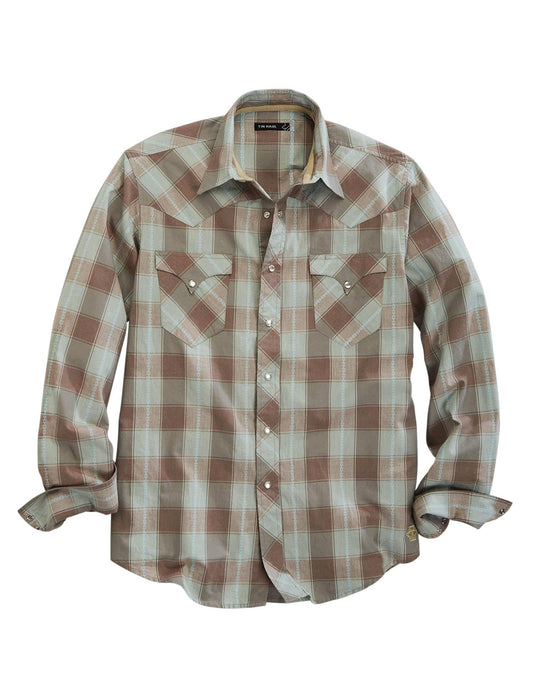 Tin Haul Mens Long Sleeve Snap Sand Check Dobby Western Shirt - TIN HAUL - Flyclothing LLC