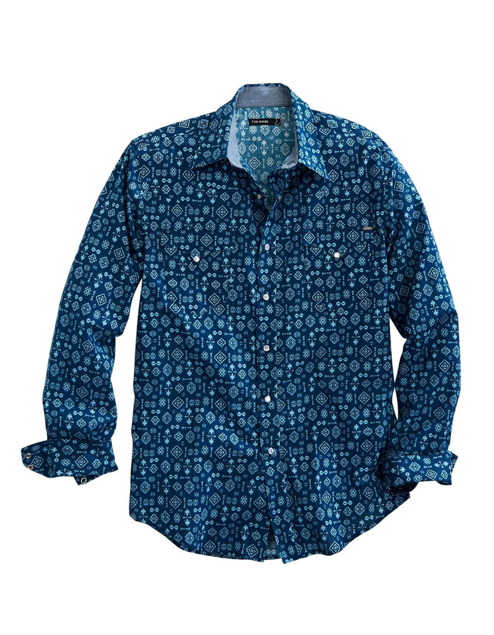 Tin Haul Mens Long Sleeve Snap Indigo Aztec Print Western Shirt - TIN HAUL - Flyclothing LLC