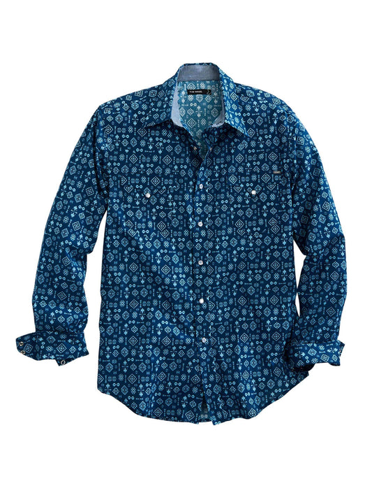 Tin Haul Mens Long Sleeve Snap Indigo Aztec Print Western Shirt - TIN HAUL - Flyclothing LLC