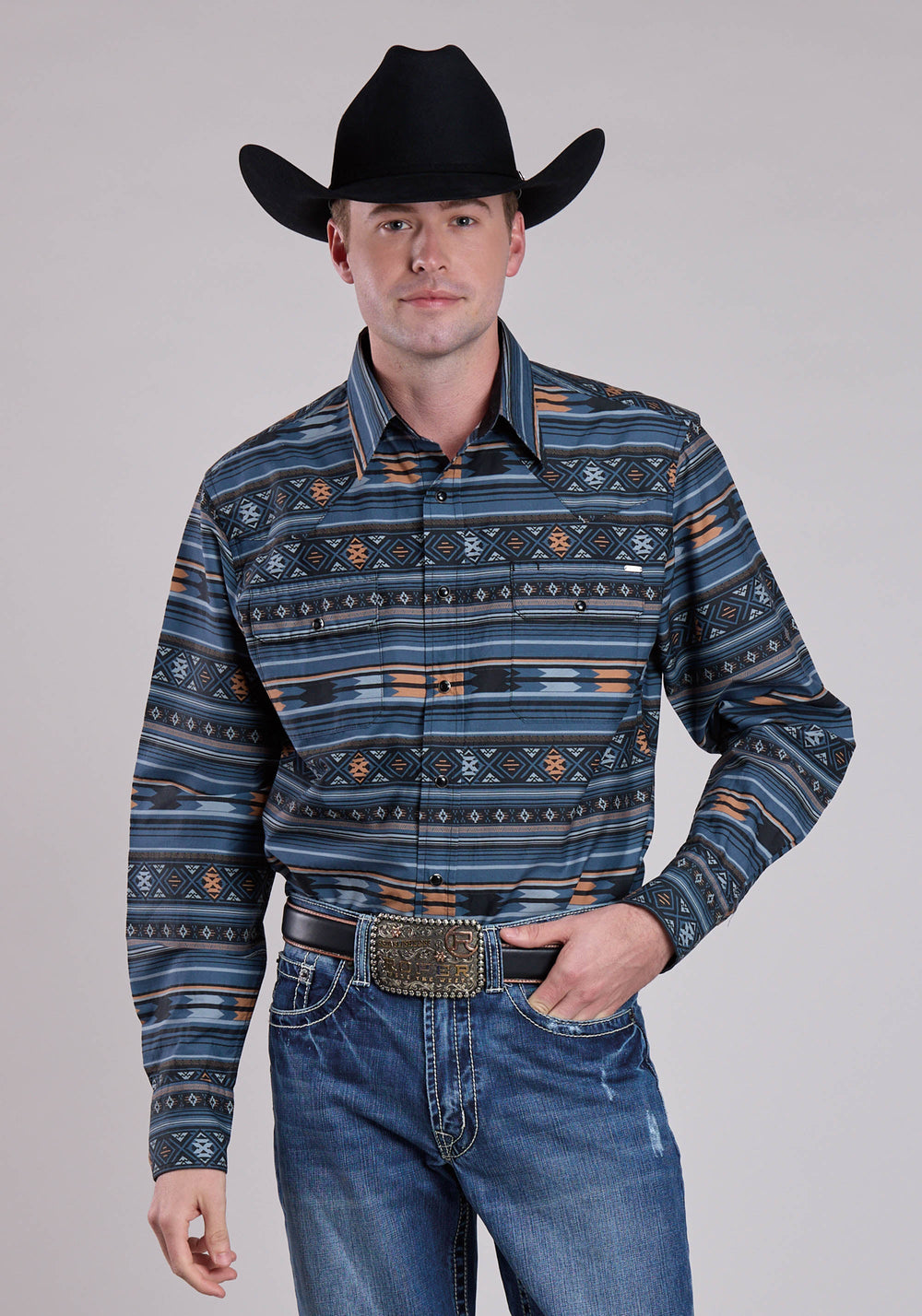 Mens Long Sleeve Snap Horizontal Aztec Print Western Shirt