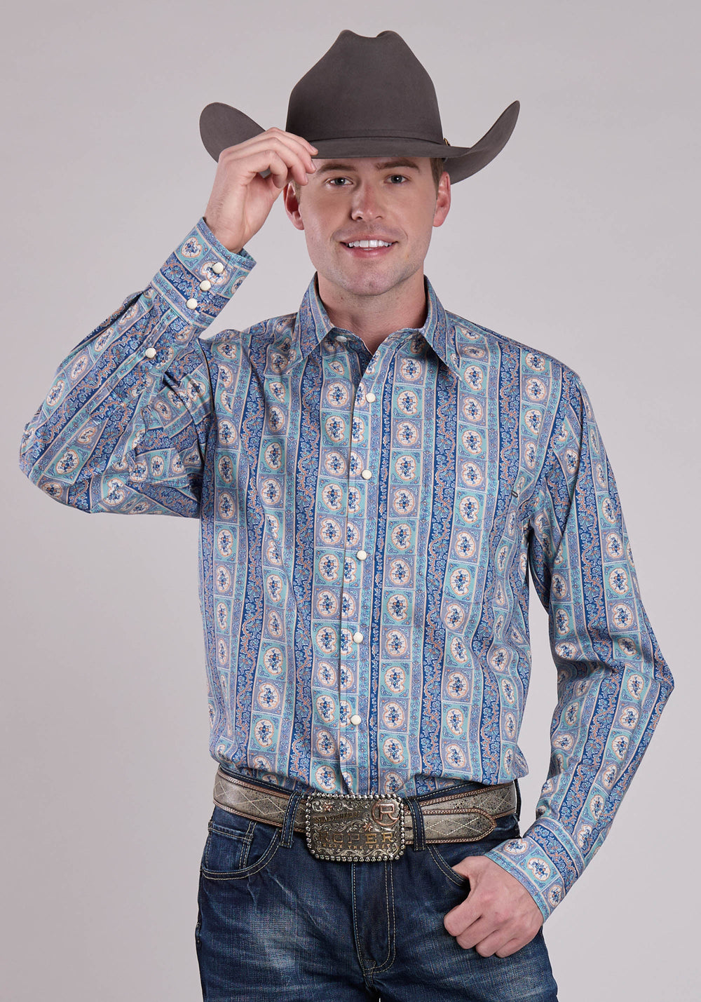 Mens Long Sleeve Snap Vintage Wallpaper Print Western Shirt