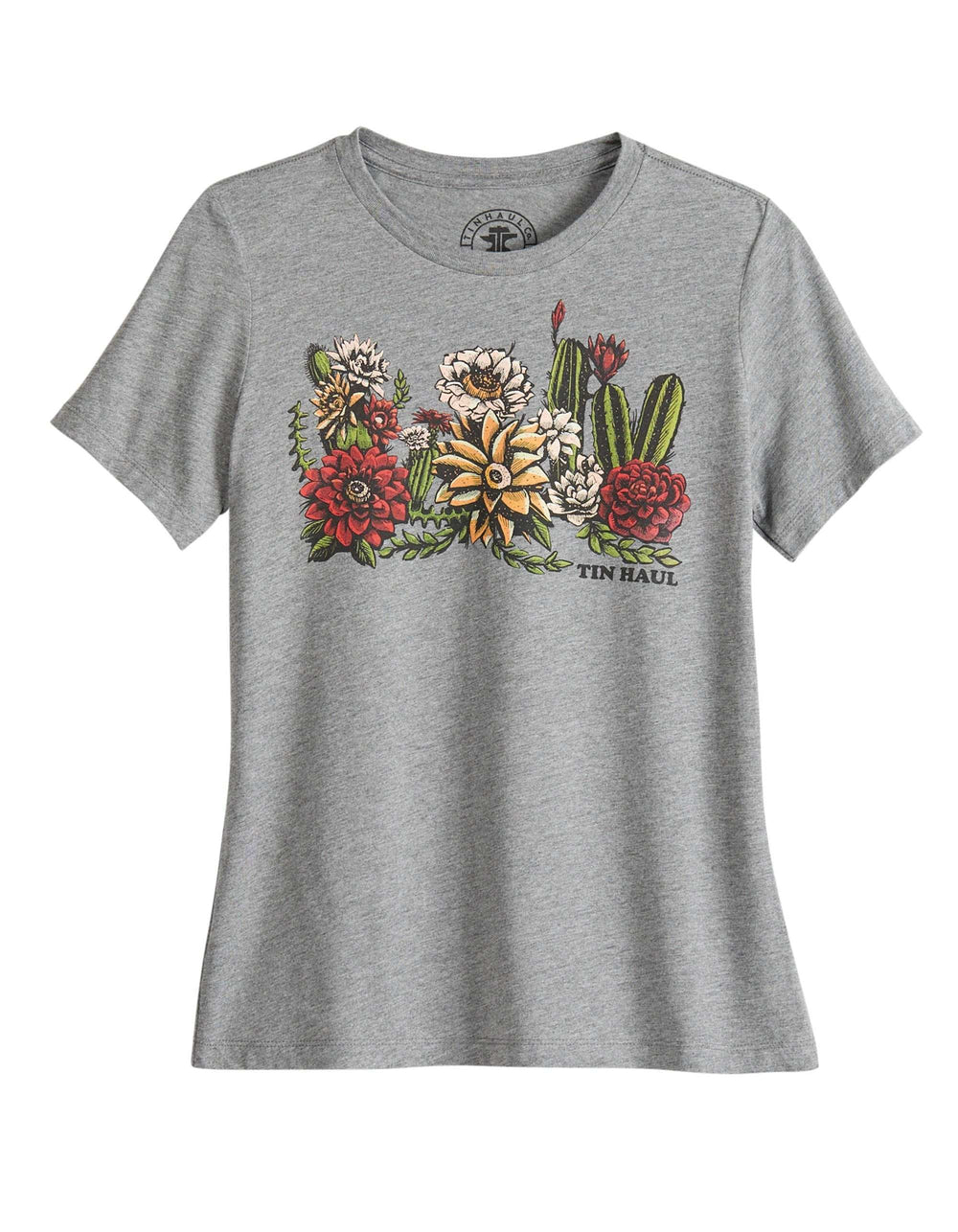 Tin Haul Womens Short Sleeve Tin Haul Cactus Garden Screen Print T Shirt Heather Grey Relax Fit - TIN HAUL - Flyclothing LLC