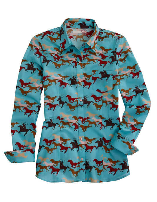 Tin Haul Womens Long Sleeve Snap Wild Mustang Print Western Shirt - TIN HAUL - Flyclothing LLC