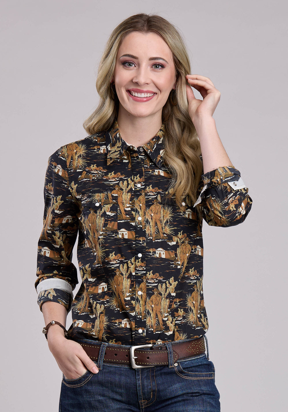Womens Long Sleeve Snap Cowboy Print Western Shirt